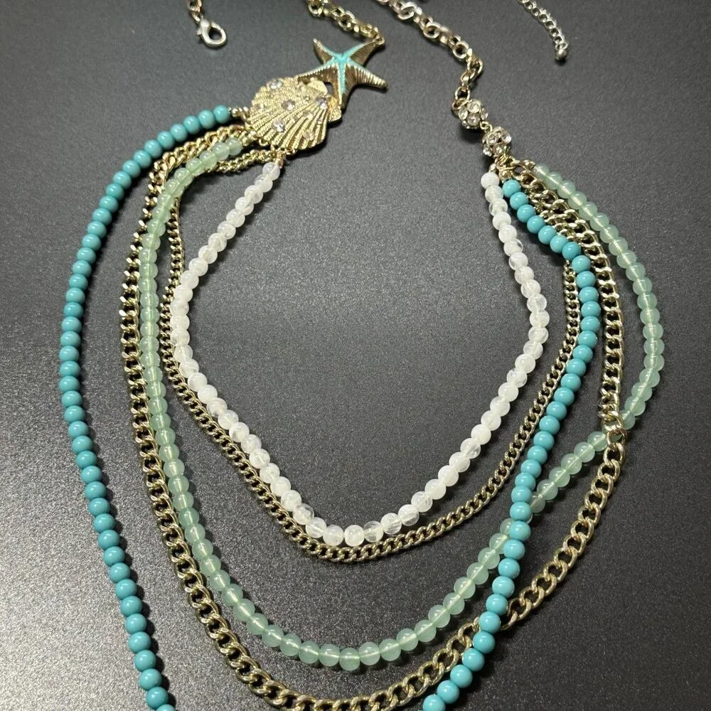Necklace Multi Strand Ocean Blue Gold Tone Seashell
